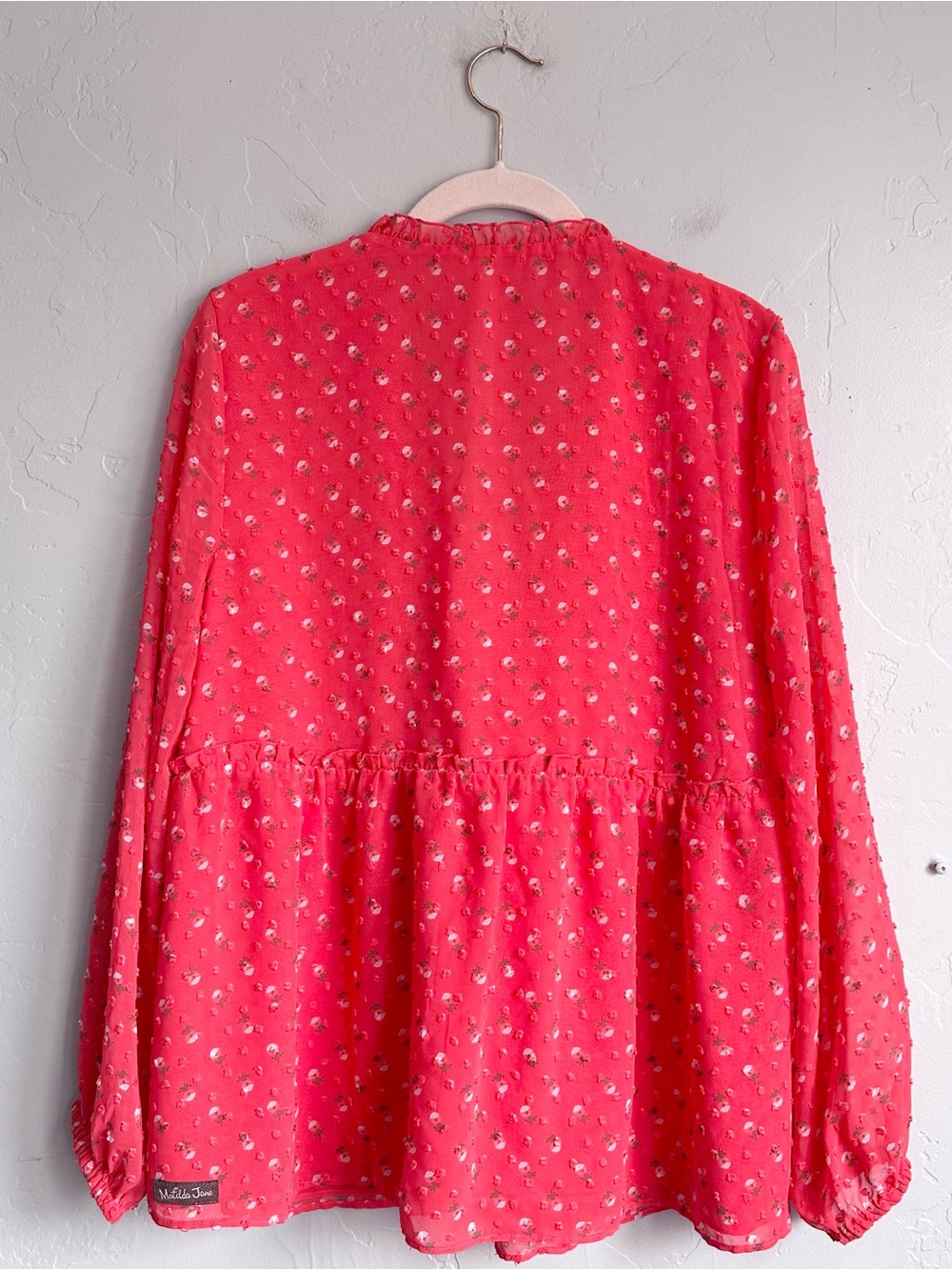 Matilda Jane Women's Coral Pink Floral Swiss Dot V-Neck Peplum Blouse Medium EUC - Picture 4 of 6